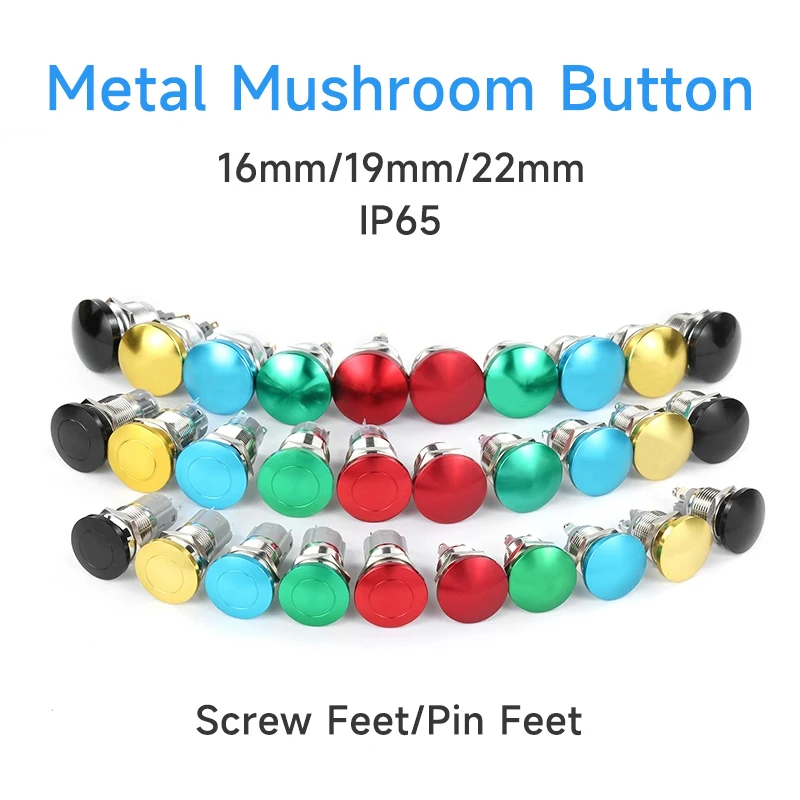 16mm 19mm 22mm Metal Mushroom Head Button Switch Self Reset Self Locking On Off Power Waterproof 1NO Screw Pin Feet 3-220V IP65