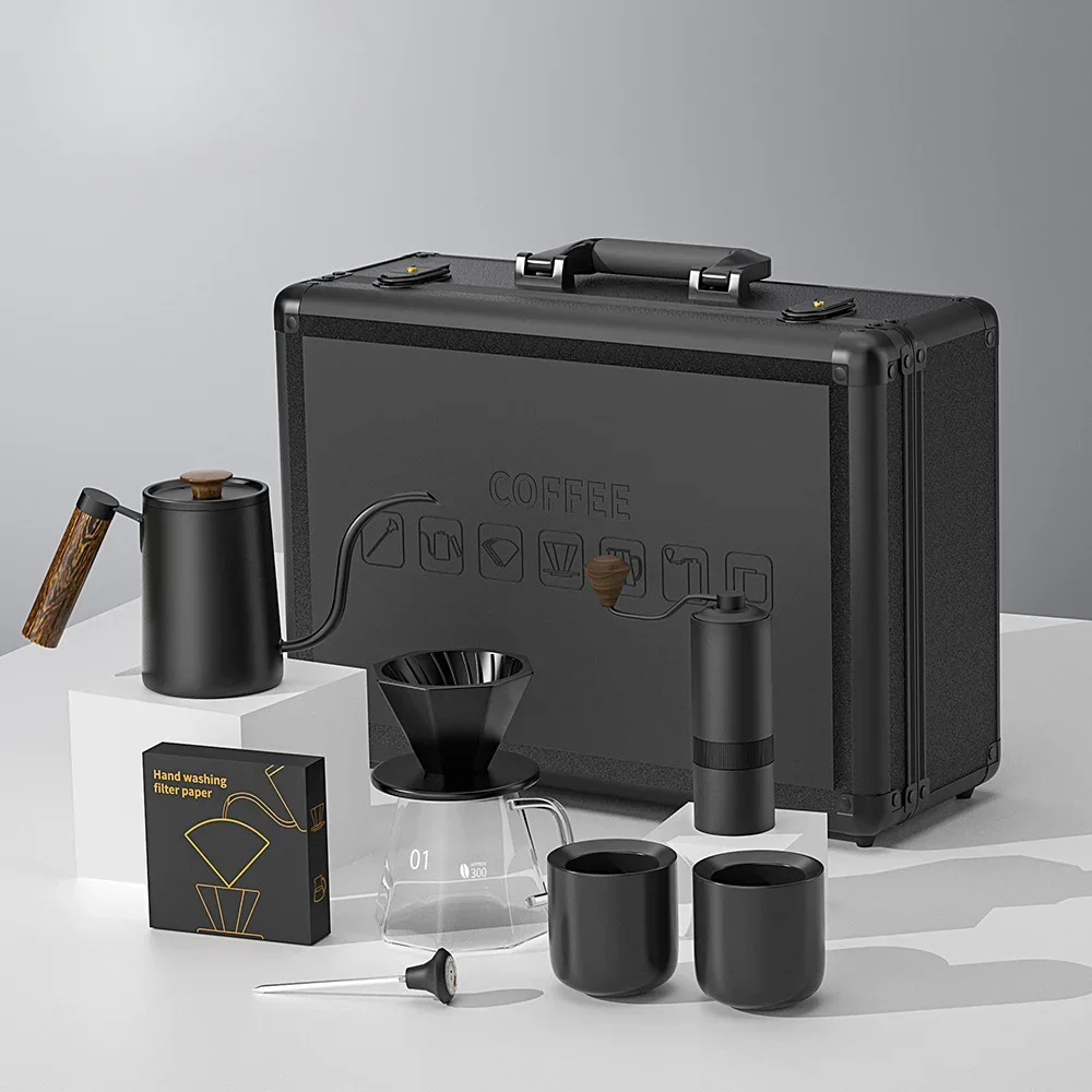 Hand brewed coffee aluminum box set, hand brewed kettle eight piece set, outdoor carrying case