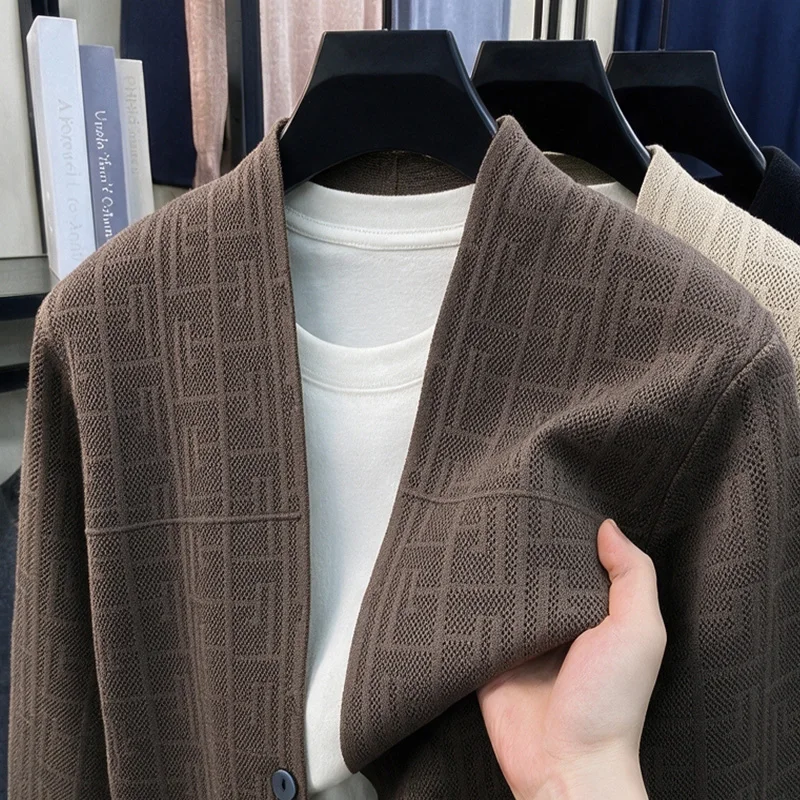Personality jacquard design men's sweater cardigan high-end brand fashion new pocket comfort casual V-neck knitted shawl coat