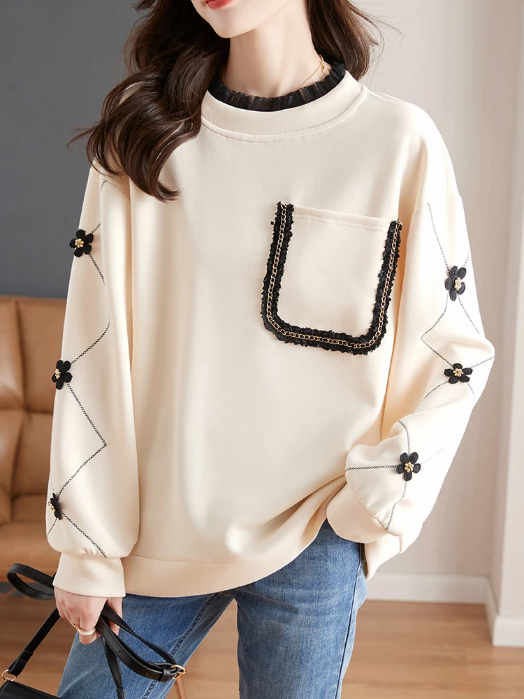 Vintage Appliques Sweatshirts Winter Autumn Pullovers Korean Fashion Loose Casual Tops Jumper Lace Patchwork Sweatshirts Women