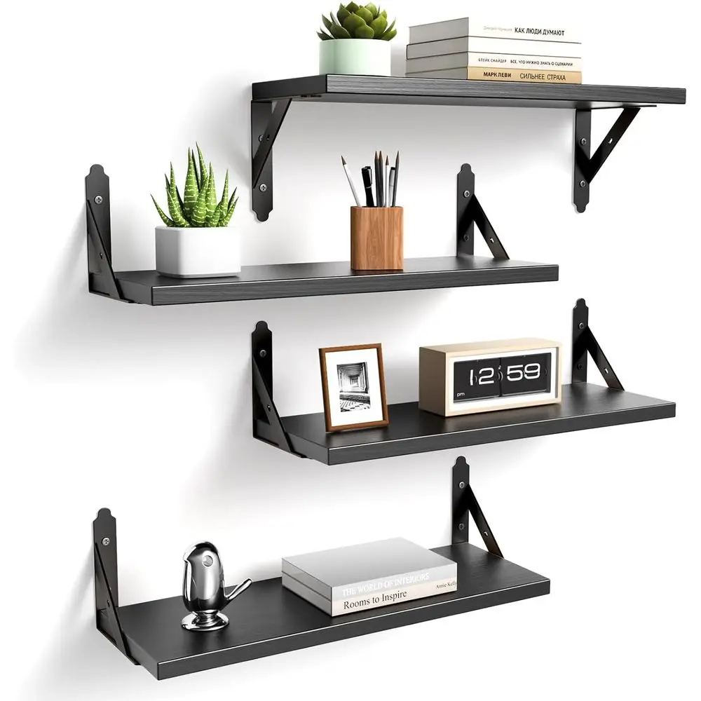 Wood Floating Shelves Set of 4, Rustic Storage Decor Wall Shelves, Wall Mounted Shelf for Living Room, Bedroom 17 x 6, Black