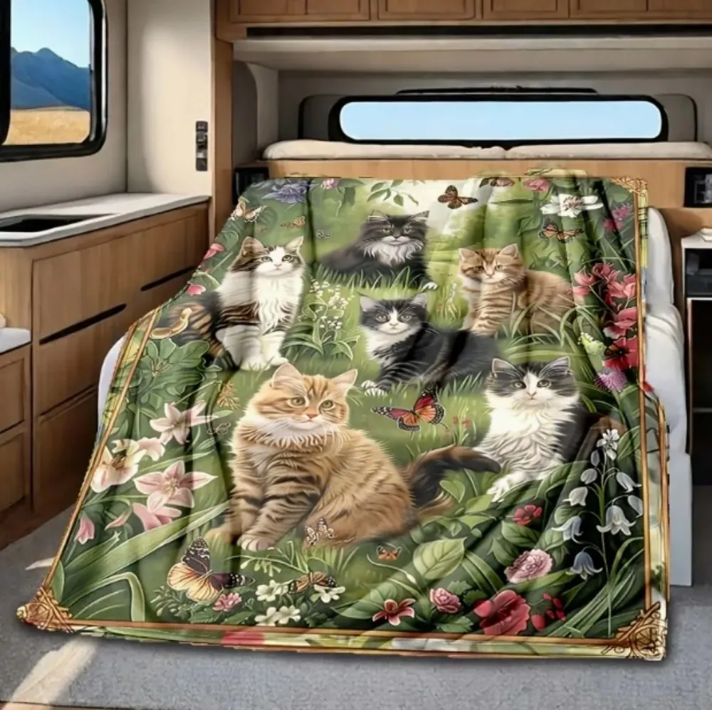 VIKAMA Flanelldecke mit rustikaler Katze, weich und bequem, für Büro, Reisen, tragbare Decke, Vier-Jahreszeiten-Gebrauch, Haustierliebhaber, Geschenk, Heimdekoration