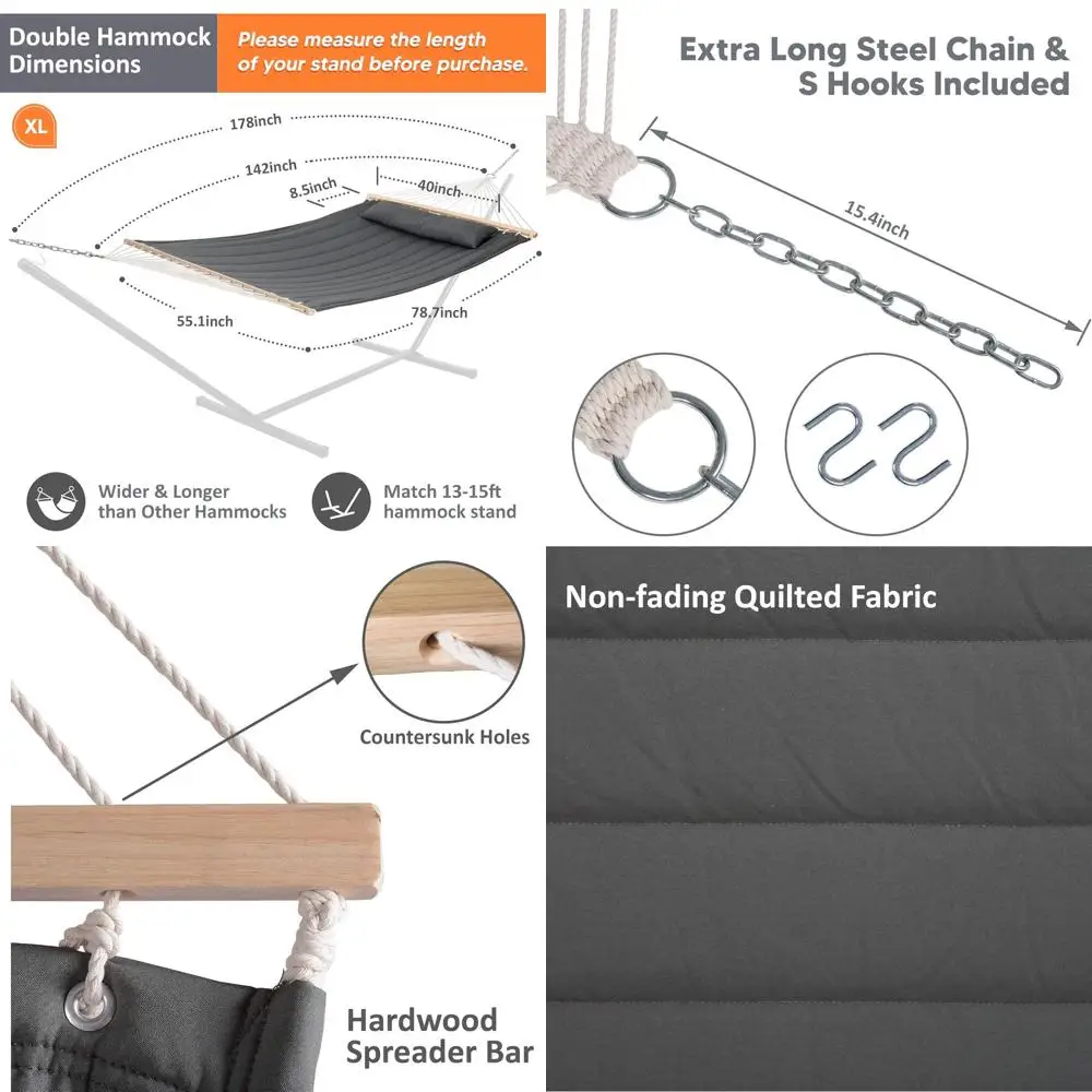 

Two-Person Heavy-Duty Tree Hammock with 475 lbs Capacity and Large Soft Pillow, Gray