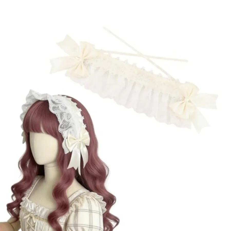 

White Lace Ruffle Lolita Headdress Beige Bow Bonnet Headband for Women Maid Headpiece for Gothic Tea Party Wedding Cosplay Kawa