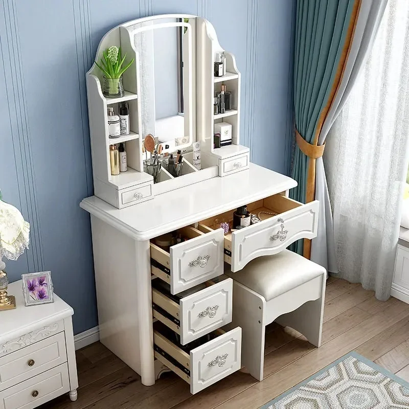 Girls White and pink Modern Wooden Storage Simple Cheap Make up Dresser Tables Set Vanity Desk with Mirror