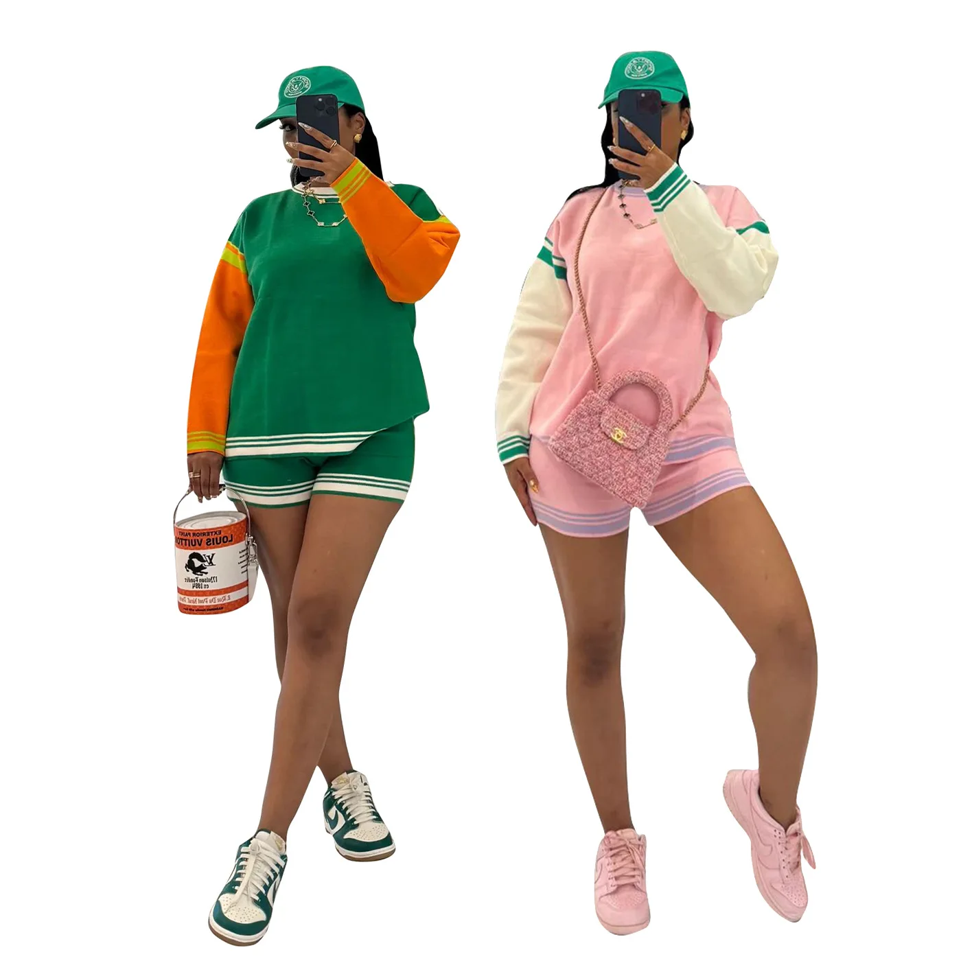 

Women Set Fashion Contrast Color Long Sleeves Knitted Sweatshirt Top And Shorts Casual Two Piece Sets Women Tracksuits Set