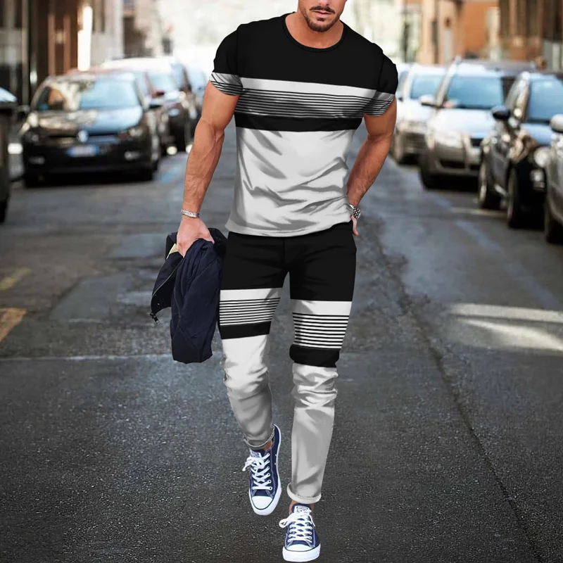 Set da 2 pezzi da uomo Tuta da uomo stampata in 3D Tendenza casual Abiti oversize Abito sportivo estivo T-shirt a maniche corte Pantaloni lunghi