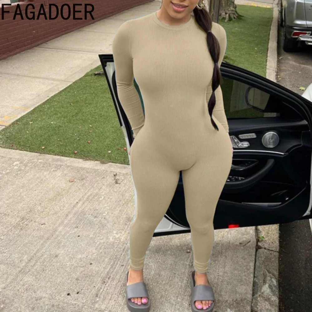 FAGADOER Sports Ribbing Bodycon Jumpsuits Women Solid Color Long Sleeves Rompers Joggers Sportswear Autumn Fashion Overalls 2025