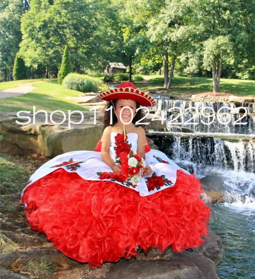 Blue White Mexican Charro Mini Quinceanera Dresses with Bow Ruffles Floral Applique Little Princess Flower Girls Dress