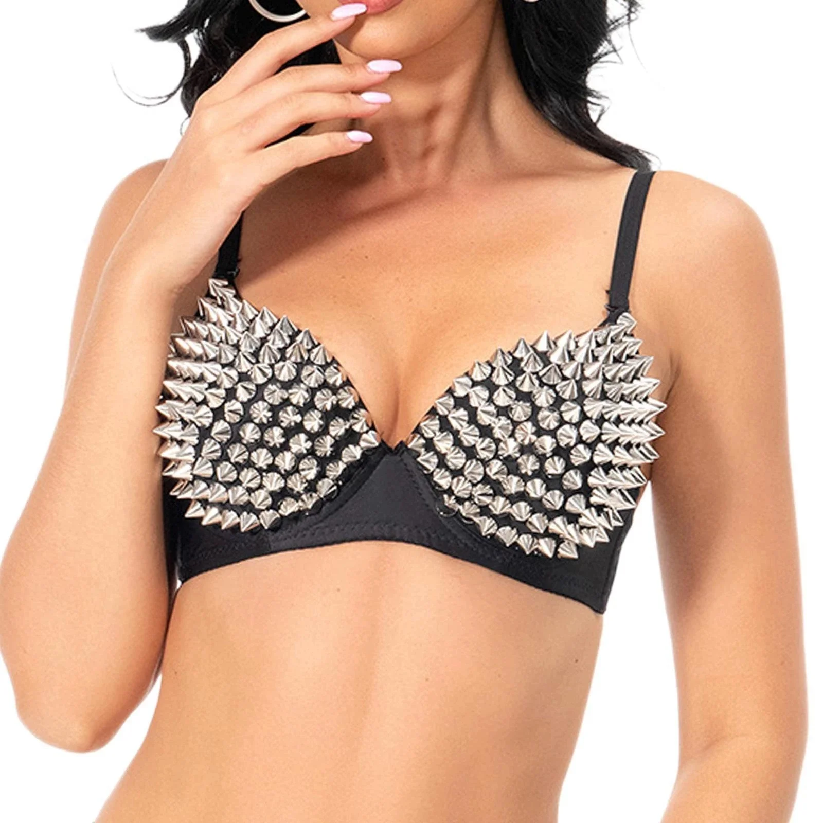Sexy Rivet Lingerie Women's Gothic Cover Bra Gold/Silver Color Bralete Fashion Punk Cover Top Dance Performance Party Underwear