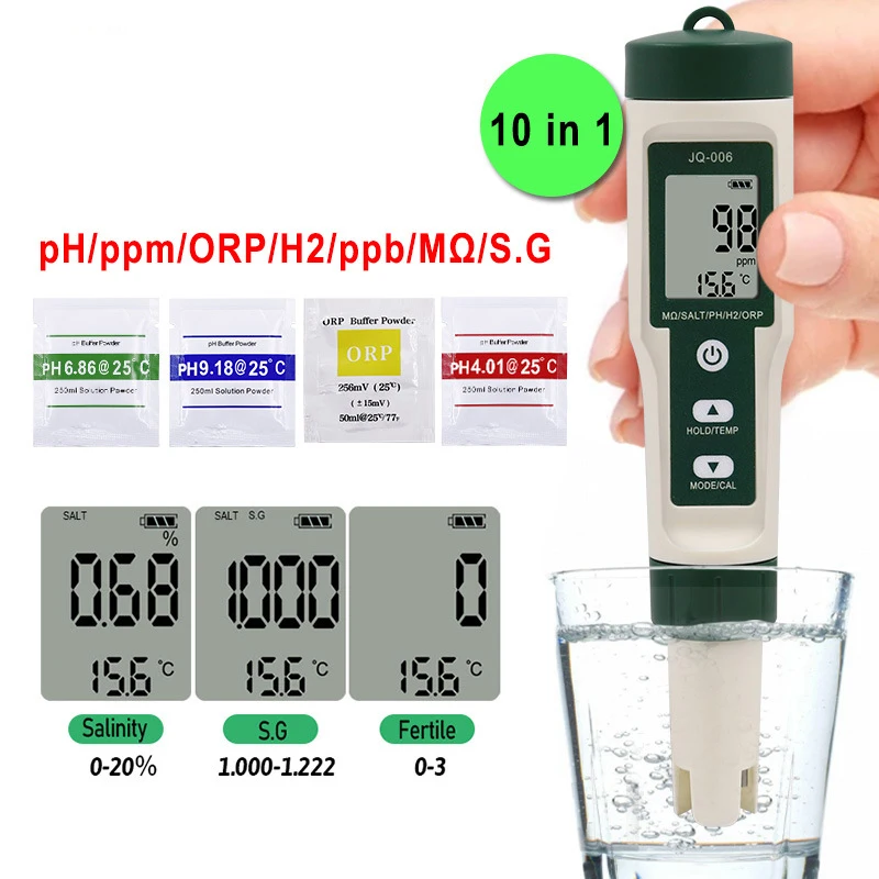 

10 in 1 Water Quality Testing Pen PH/TDS/EC/SALT/TEMP/S.G/ORP/H2/Fertile/Resistivity Tester Pools, Aquariums Meter Detector