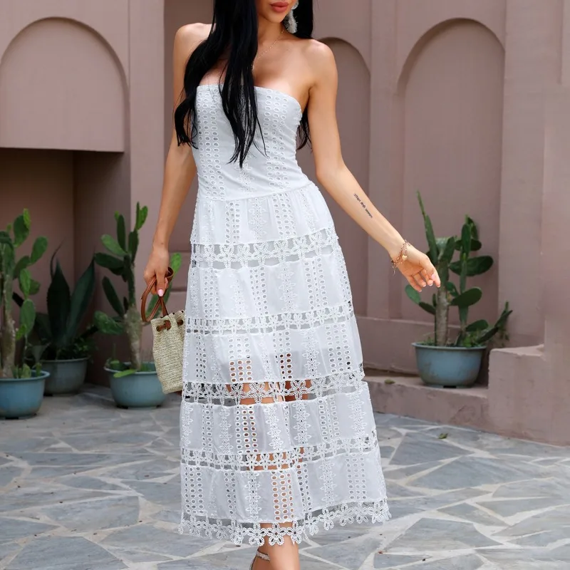 

2024 Spring Summer Sexy Dress Women's Off-Shoulder Backless Hollow Out Dress Women's Fashion Sleeveless Strapless Elegant Dress