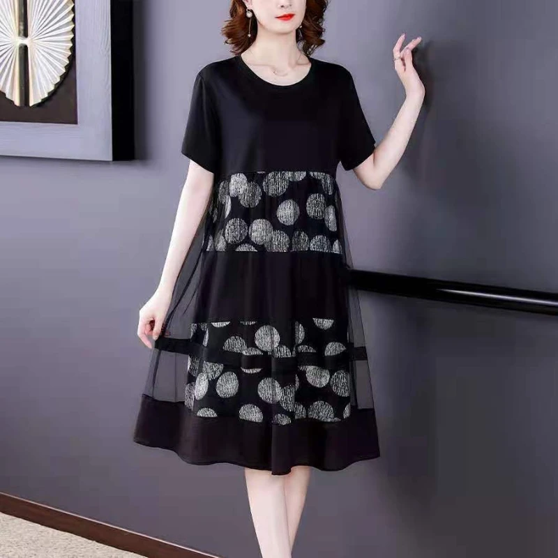 

2024 Women Short Sleeved Dress Women's Summer Fashion Print Fake Two Piece Straight Skirt Loose and Thin Style Slimming Dresses