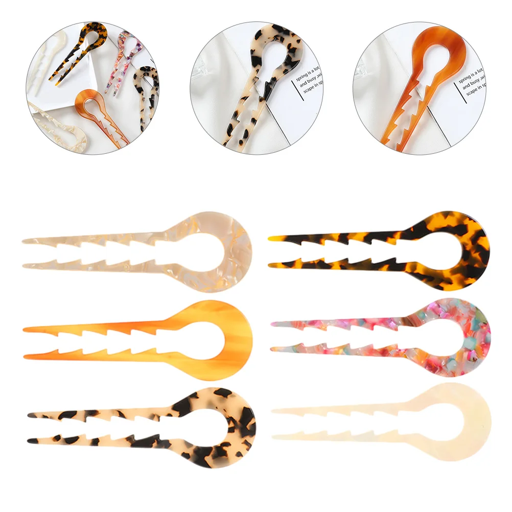 

6pcs Hairpin Cellulose Acetate Sheet Long Daily Wear Tortoise Shell Shape Party Night Bun Pin Chopsticks U Shape Fork Hair