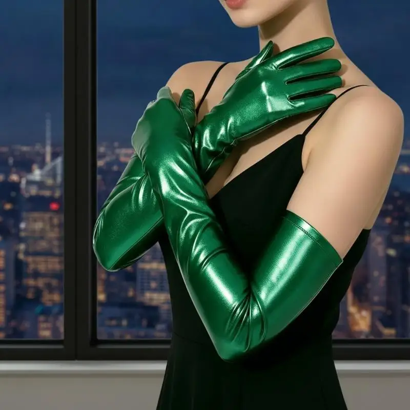 Sexy Patent Leather Women Tight Long Gloves Punk Rock HipHop Jazz Disco Pole Dance Metallic Mittens Halloween Cosplay