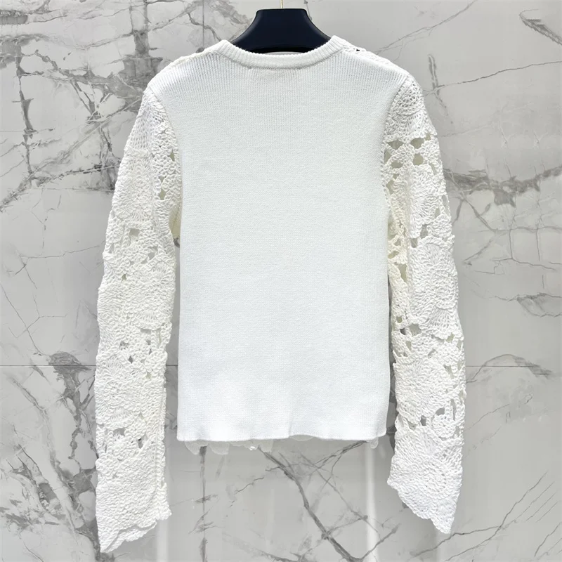 Women\'s sweater 2024 autumn Flower embroidery round neck pullover Elastic knitted hollow out Long sleeved Top 100% wool knitwear