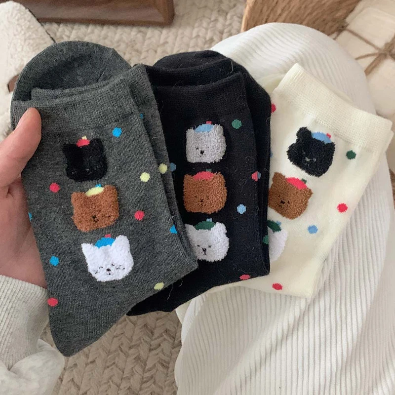 Socks Women Cute Breathable Daily Korean Style Kawaii Fashion Dot Spring Middle Tube Soft Deodorant Lovely Harajuku Cartoon