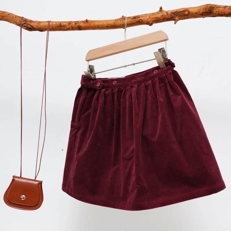 Retro Cord-Minirock mit hoher Taille für Mädchen, Frühlingsneuheit, verstellbare Knöpfe, elastische Taille, locker sitzende Kinderröcke, Mädchen-Winterkleidung – Detail 7