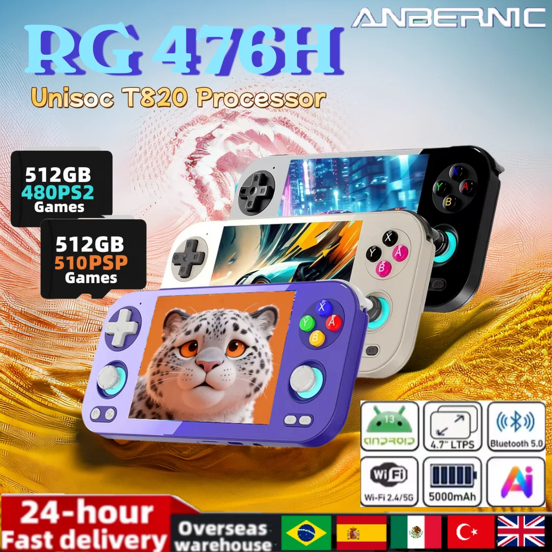 Anbernic RG 476H وحدة تحكم ألعاب ريترو 4.7 بوصة LTPS شاشة داخل الخلية عصا تحكم ثلاثية الأبعاد في القاعة أندرويد 13 Unisoc T820 ألعاب الفيديو RG476H PS2