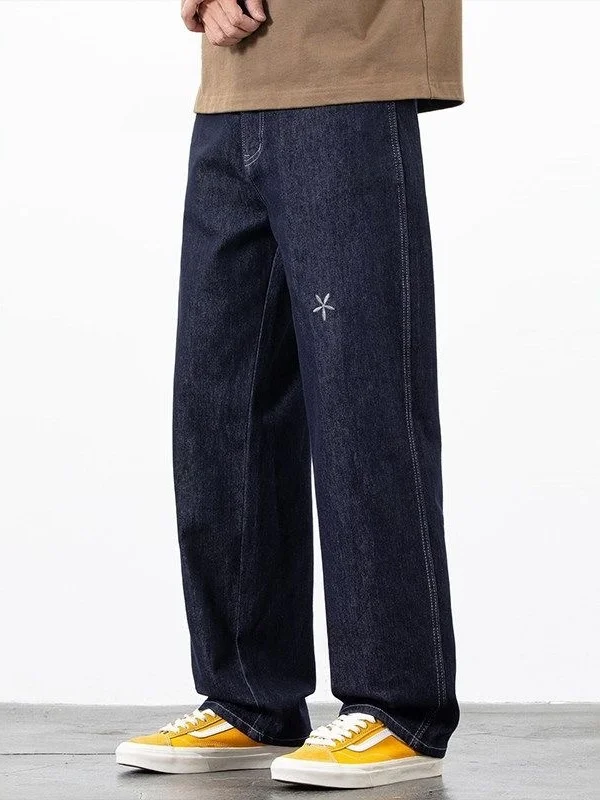 

High-End Embroidered Loose Straight Leg Men's Jeans Stylish Casual Long Trousers Comfortable Fit Classic Blue Denim Pants