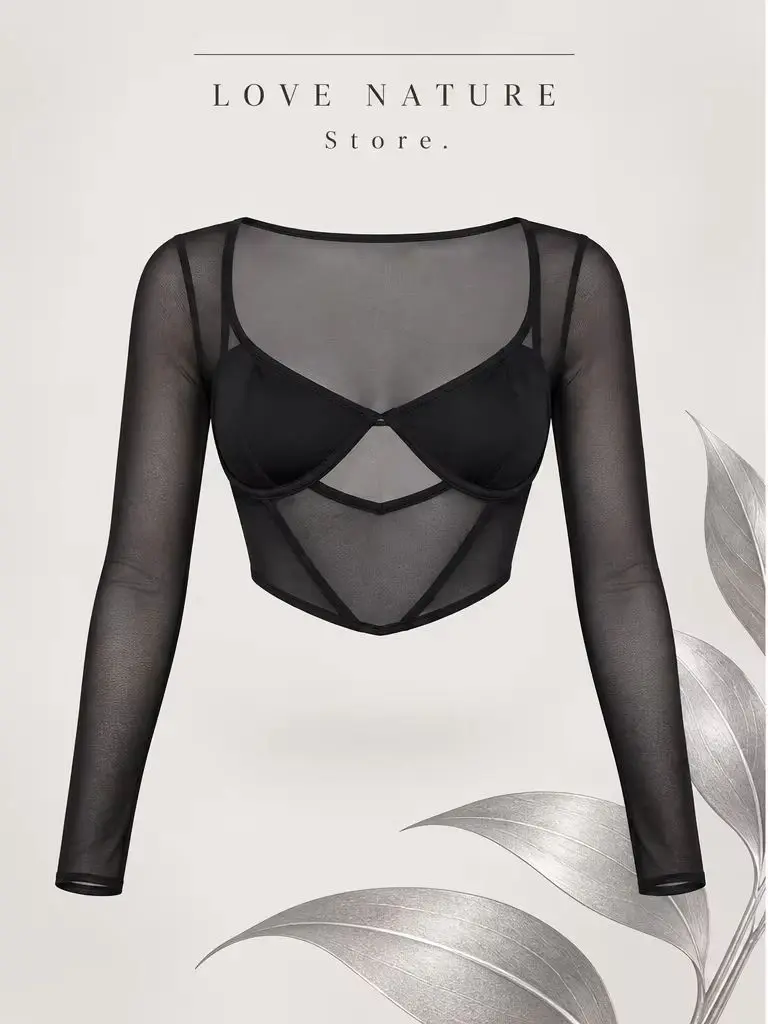 【LOVE NATURE Store】Women's Sexy Black Sheer Mesh Long Sleeve Crop Top, Underwire Bra Detail, Corset Style See Through Blouse