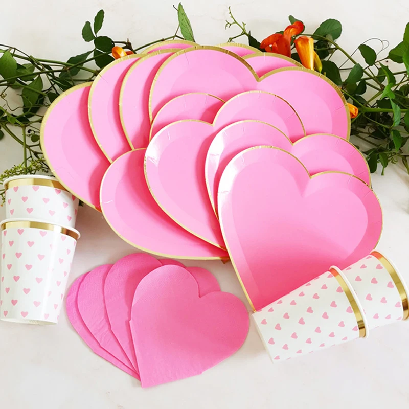 8PCS Disposable Tableware Heart Shapes Paper Plate Cups Valentine's Day Wedding Decoration Heart Balloon Birthday Party Supplies