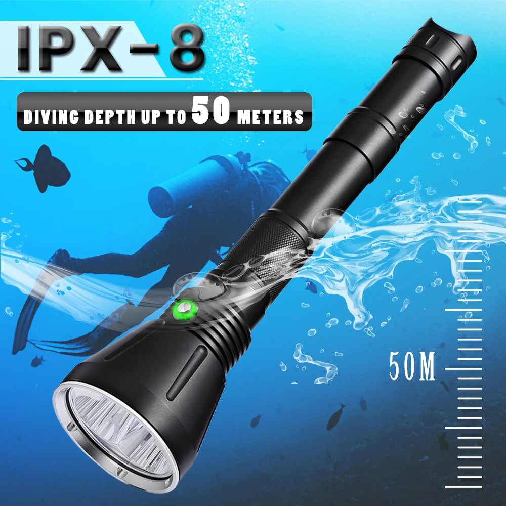 Asafee DA18Y P70 10000LM Professional Diving Flashlight 50M Underwater Diving Light Power Bright Spearfishing Flashlight