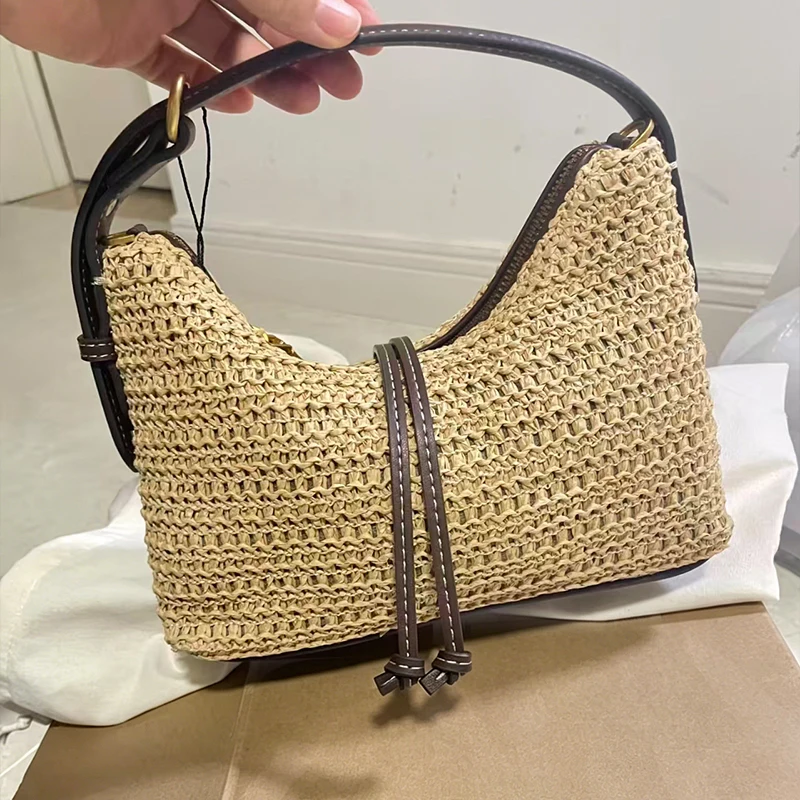 

Brand Woven Straw Shoulder Bag Summer Beach Woven Underarm Bag Leather Handle Handbag Women Stylish Versatile Phone Coin Purse
