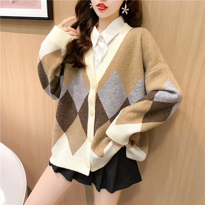 Autumn Knitted Cardigan Women Japanese Loose Oversized Plaid Top Coat Jacket V-neck Single-breasted Sweater Mujer Coat Women