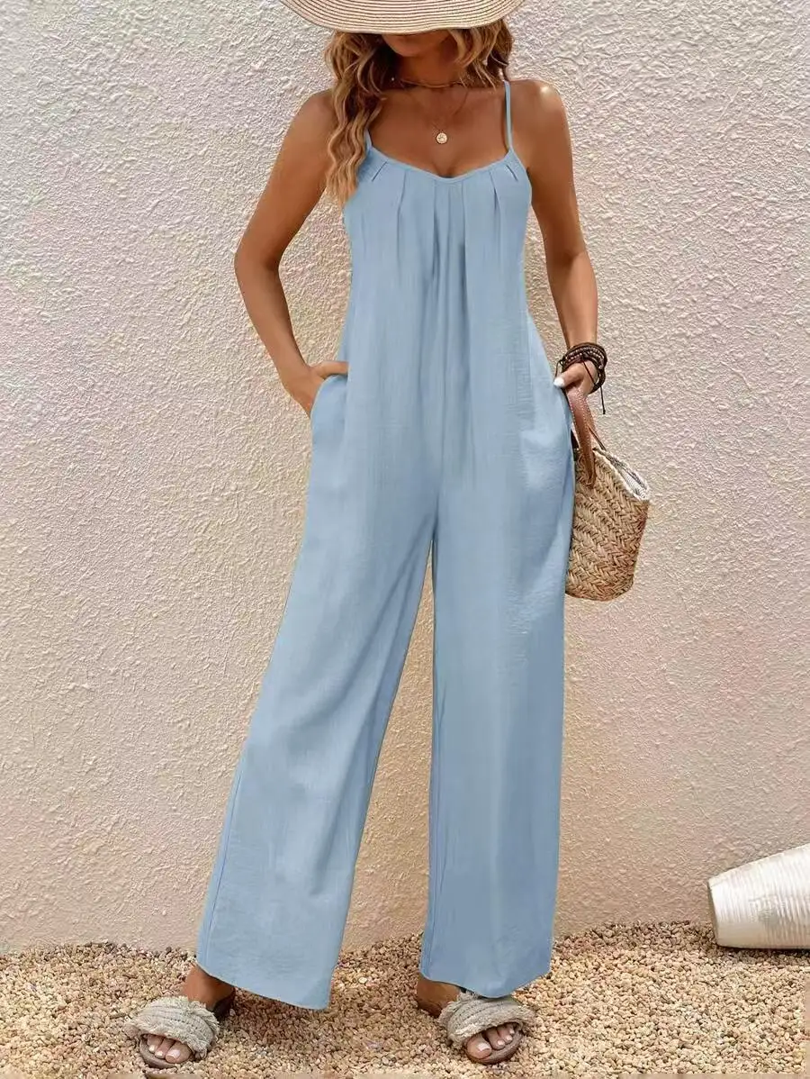 New Summer Fashion Casual Sleeveless Adjustable Shoulder Straps Solid Color Slim Fit Vacation Style Jumpsuit,8 Colors