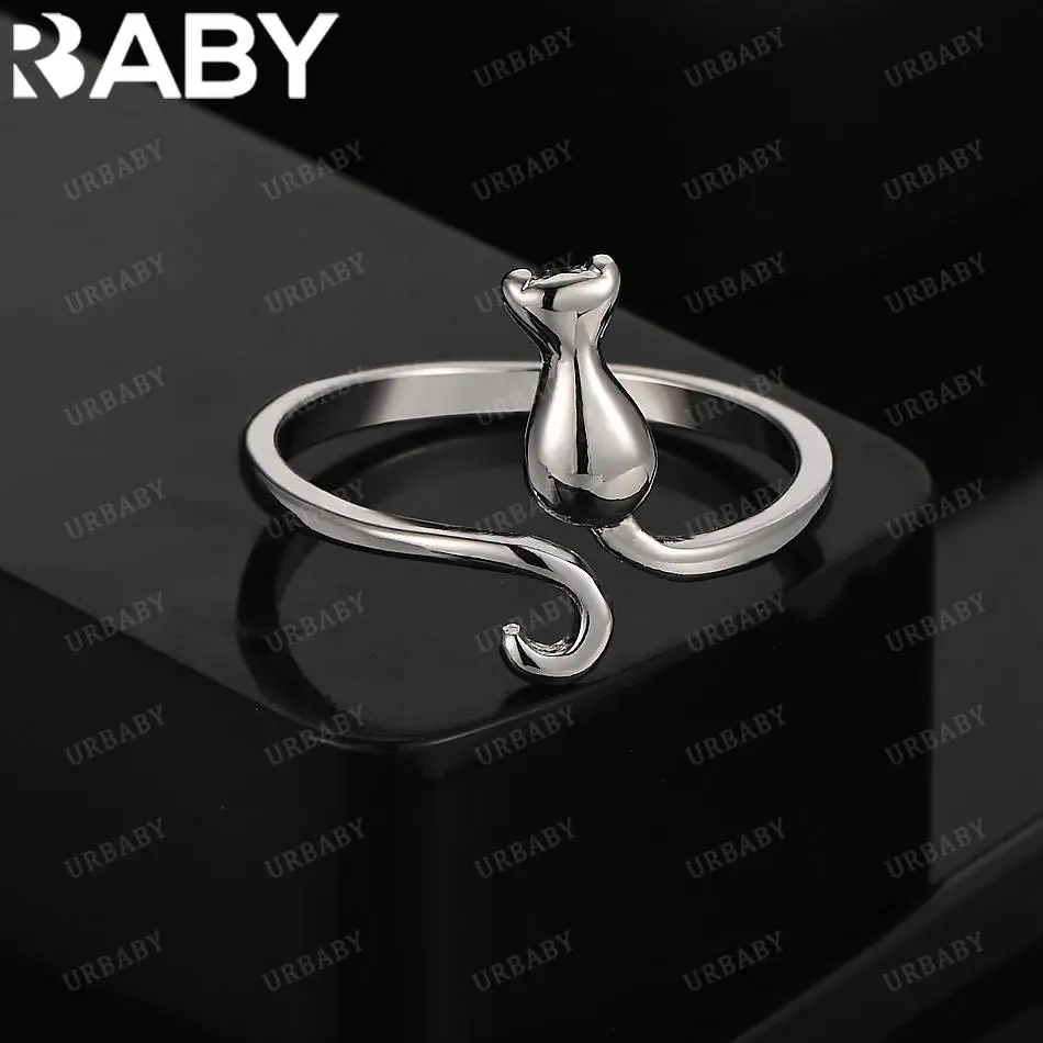 

URBABY 925 Sterling Silver Kitten Adjustable Ring For Women Creativity Gifts Street All-match Party And Daily Wear