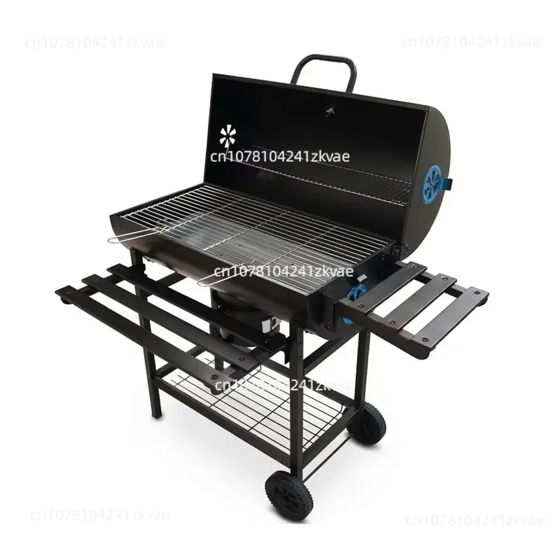 Modern Iron Barrel Charcoal Grill with Trolley, Versatile for Gatherings