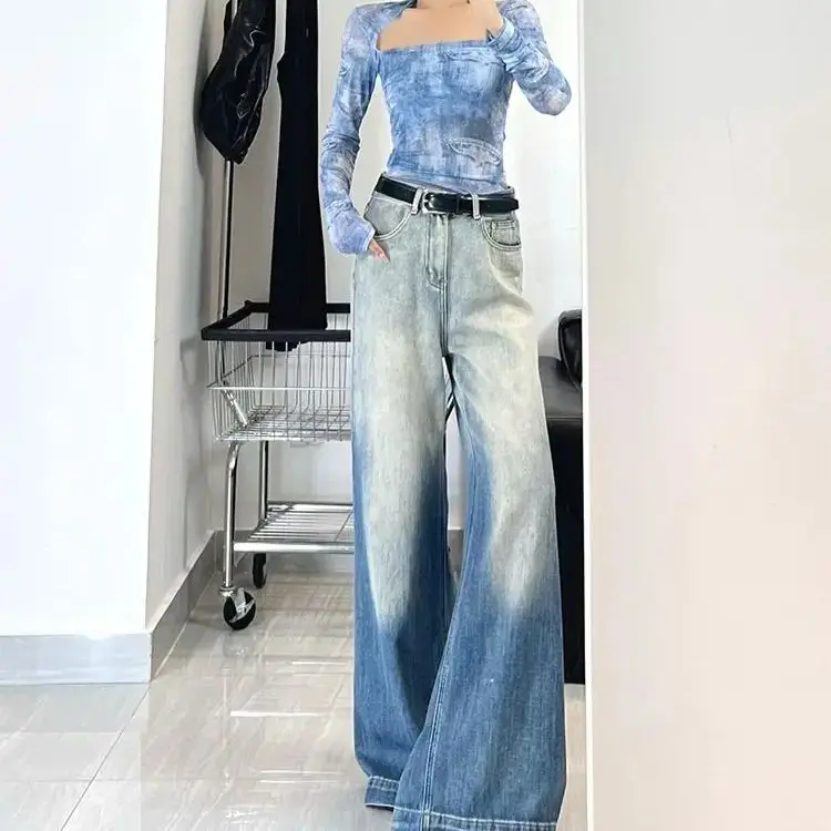 American High Street Washing Blue Gradient Micro-Flare Jeans Women Summer Niche Design Straight-Leg Casual Floor-Moving Pants