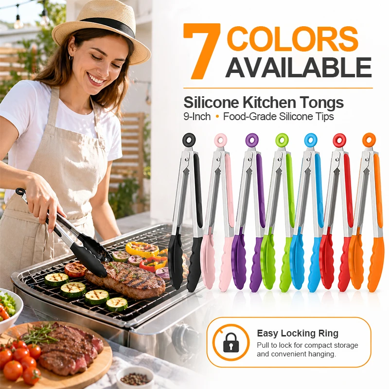 8 Inch Silicone Food Tongs Non-Stick Heat Resistant Kitchen BBQ Tongs Anti-Slip Stainless Steel Cooking Clip for Grilling, Salad