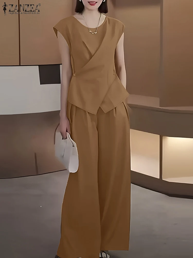 2025 ZANZEA 여름 바지 세트 2PCS Office 여성 의상 솔리드 워크 OL Tracksuits 우아한 민소매 블라우스 슈트 매칭 세트