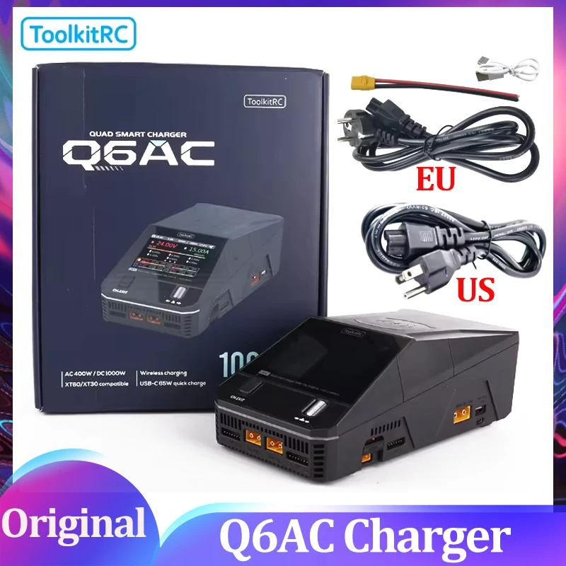 

ToolkitRC Q6AC Charger AC 400W/DC 1000W 4CH output Built-in 65W USB A/TYPEC Output ,LiPo, 1-6S，NiMH 1-16S,PB 1-10S Charger