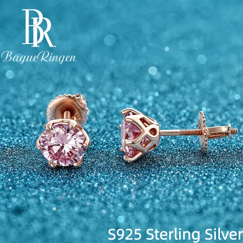 Moissanite Stud Earrings Round Cut 1Ct - Anting-anting berlian moissanite merah muda 1