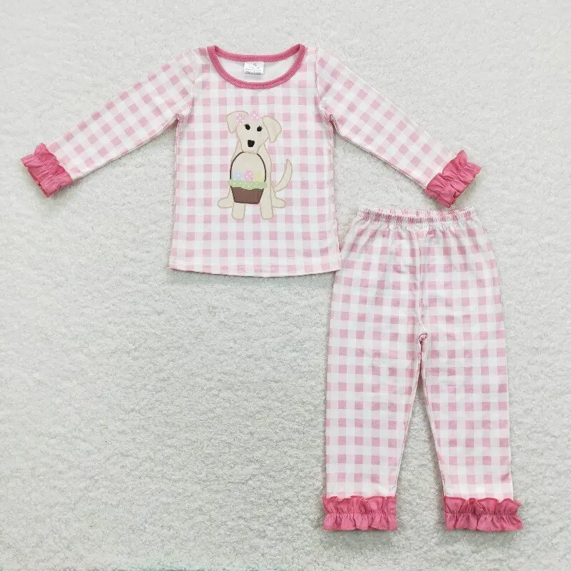 New rts girls new Easter pink plaid pajama set wholesale puppy basket Easter egg print baby long sleeves  pants clothing