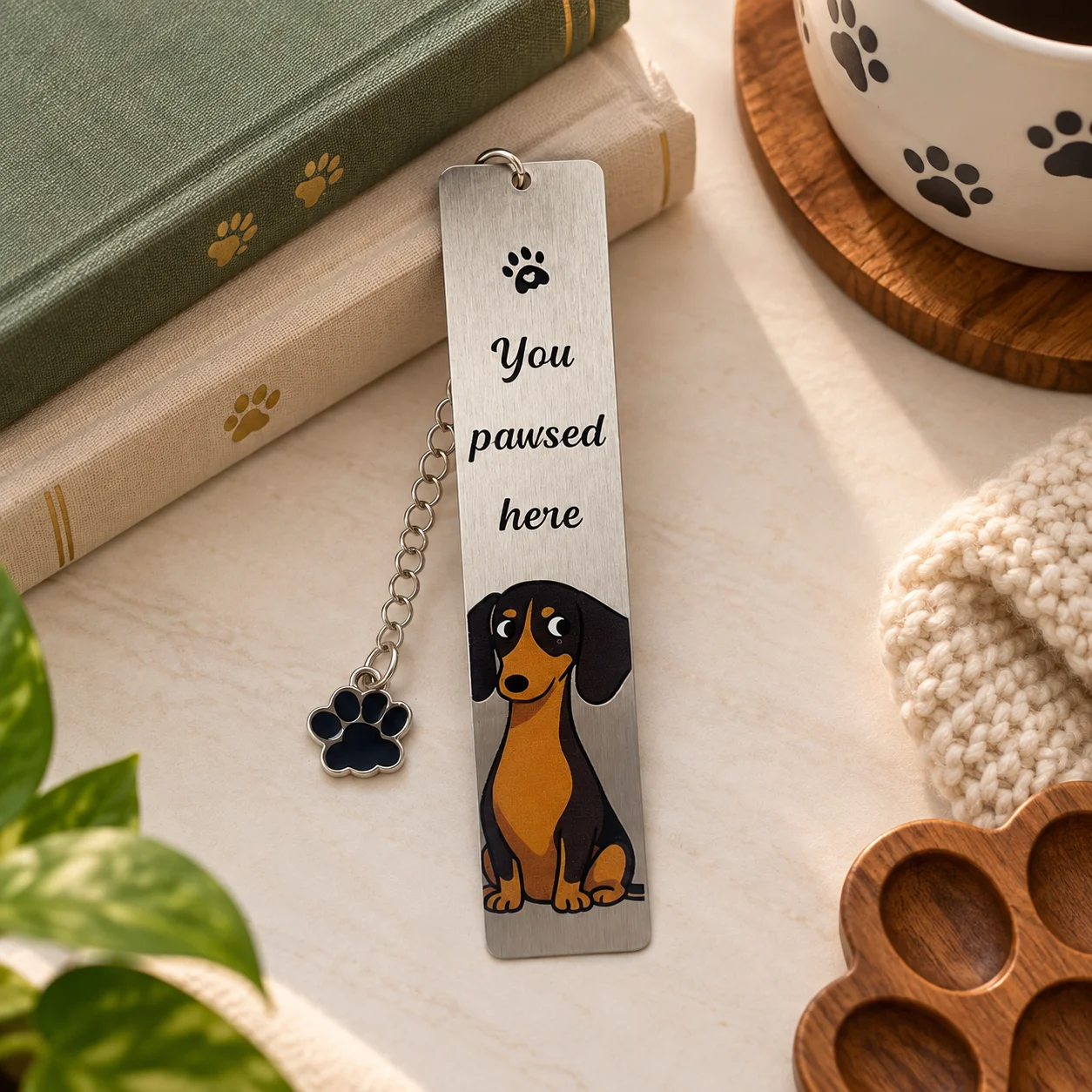 Dachshund Dog Metal Bookmark, Pun Quote You Pawsed Here Page Marker with Black Paw Pendant, Book Lover Gift