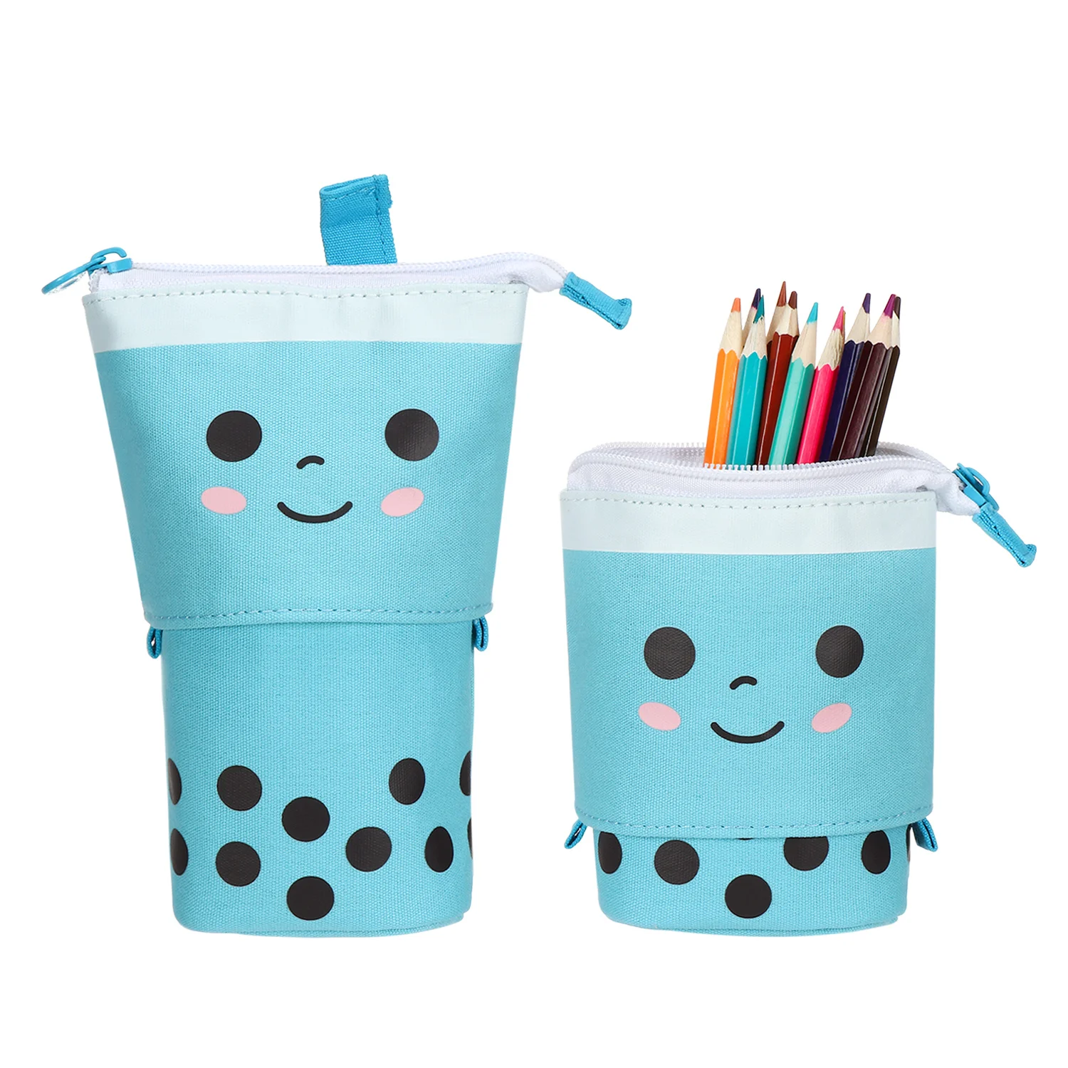 Cute Retractable Pencil Case Multi-function Pen Bag Kawaii Boba Milktea Smile Face Stationery Case Canvas Pen Holder Organizer