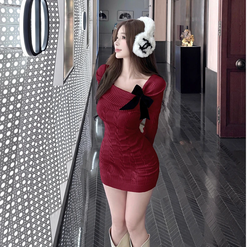 Pure Desire One Shoulder Long Sleeve Knitted Dress Women's Autumn Winter Sexy Tight Fit Bodycon Sweater Short Skirt - view 2