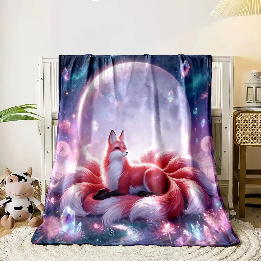 1PC Dreamy Nine-Tailed Fox Printing Adult Children Warm Blankets Home Travel Car Soft and Comfortable All Seasons Applicable