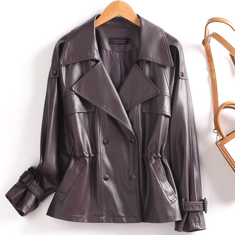 جديد إمرأة خمر معطف جلد سبليت الخريف الشتاء بدلة على الموضة طوق الرباط الخصر النحيف قصيرة خندق معطف سترة عادية #1