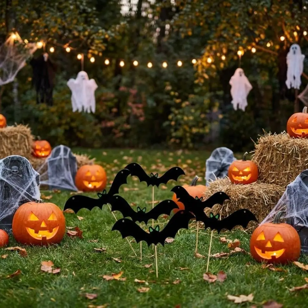 6PCS Realistic Glowing Eye Bat Garden Stake Luminous Bat Flying Bat Halloween Bat Decorations Felt Bat Card Insertion
