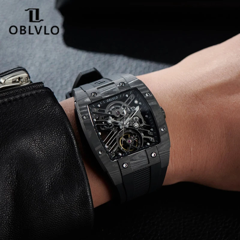 Oblvlo For Men Watch Skeleton Automatic Mechanical Wristwatch Carbon Fiber Tonneau Case Male Clock 64 Hours Power Reserve Reloj