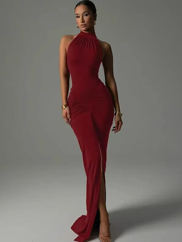 Nova moda sexy fenda sem mangas vestidos longos vermelho preto vestido feminino elegante chique vestido de festa à noite escritório senhora vestido robe