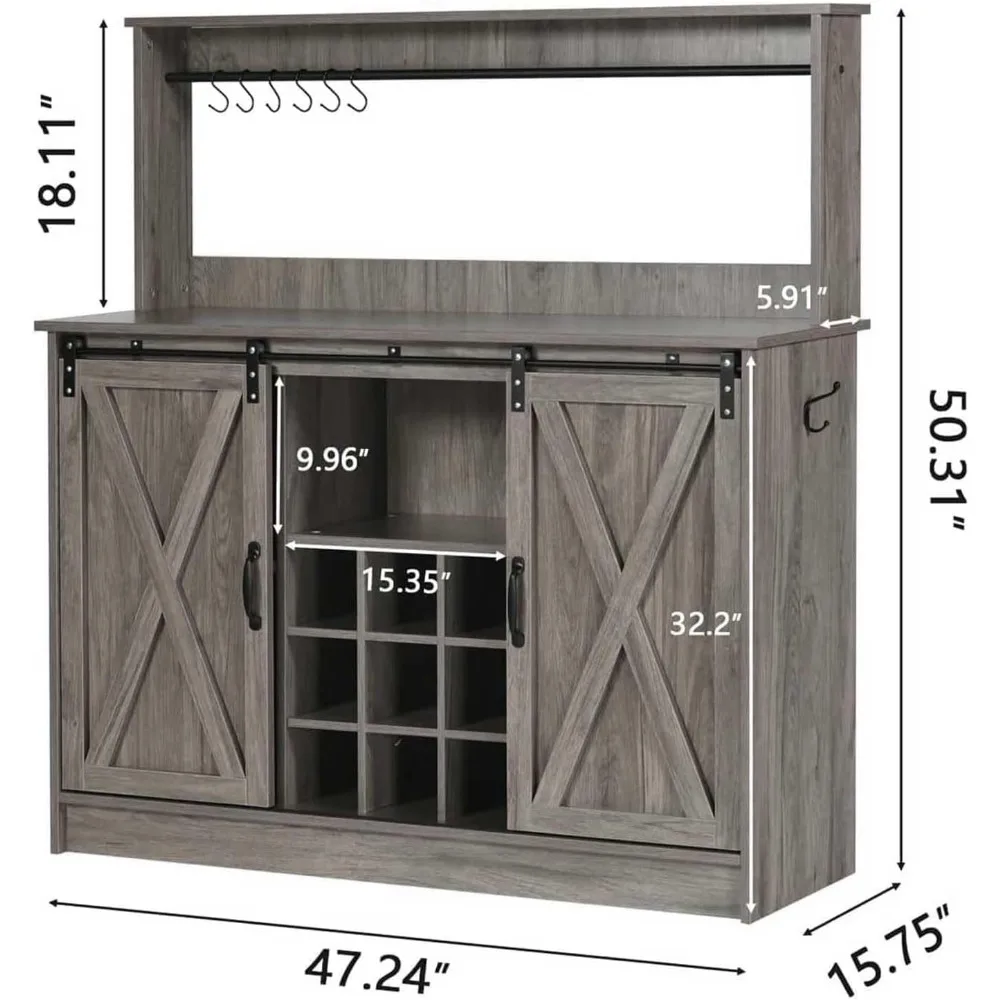 Farmhouse Style Coffee Bar Cabinet with Hutch, 6 Hooks, 47 Wine Storage Buffet Cabinet