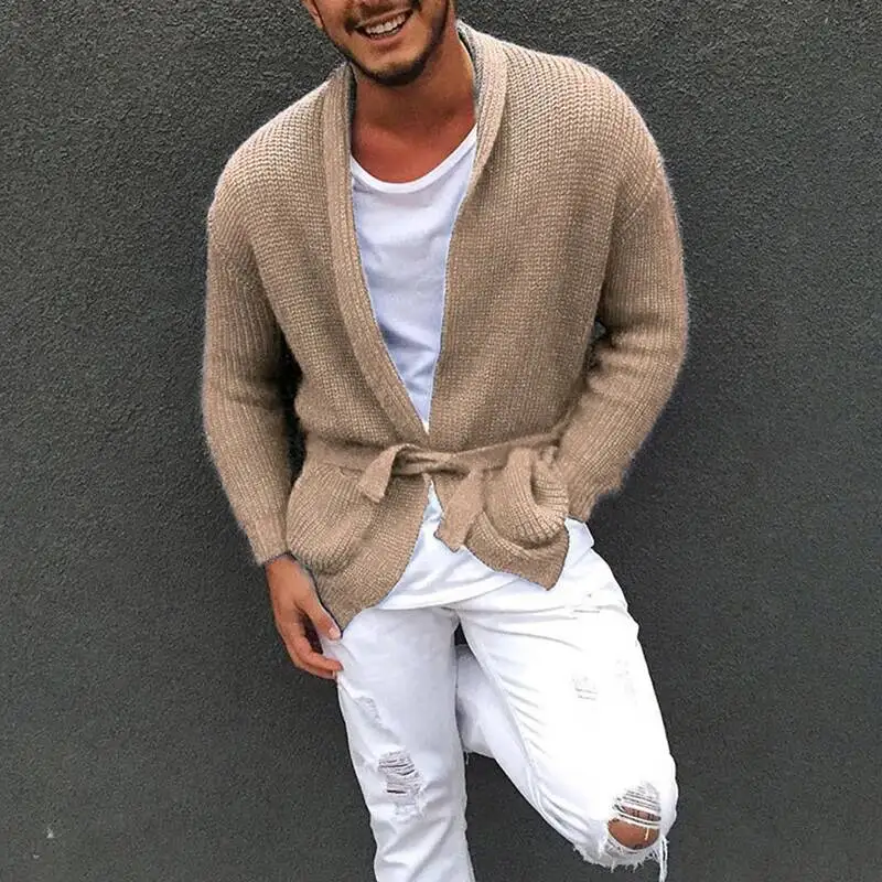 

2026 Spring Stylish Waist V Neck Men Vintage Lapel Solid Color Knitted Cardigans For Mens Casual Knitting Sweatercoats