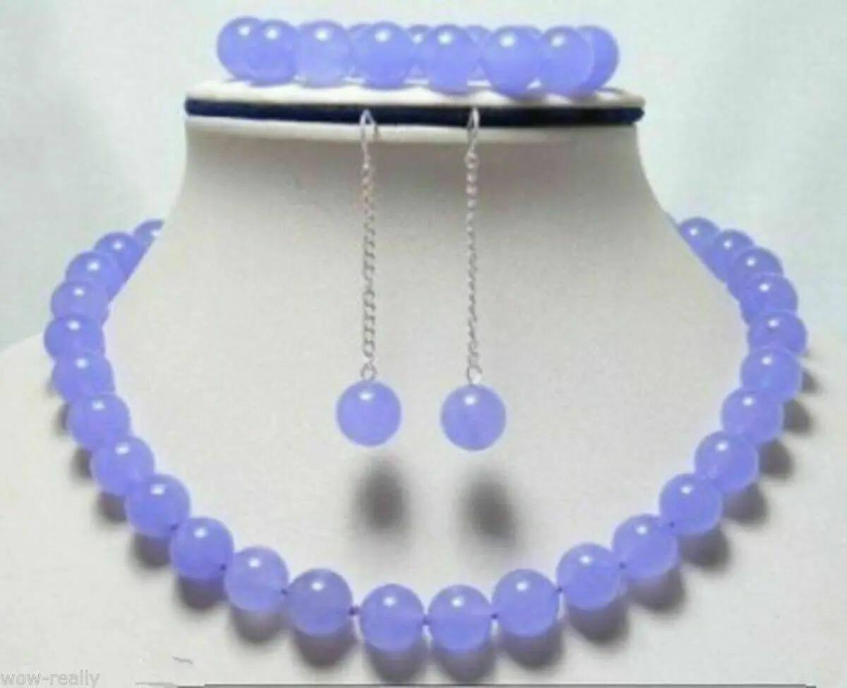 

8mm 10mm 12mm Natural Lavender Jade Round Gems Necklace Bracelet Earrings Set