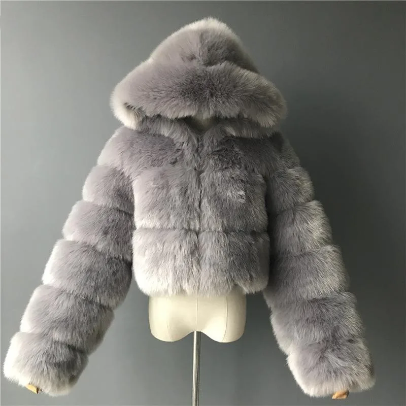 European and American Fur Coat with Hat Imitation Fur Coat Imitation Fox Fur Long Sleeved Patchwork Women's Coat